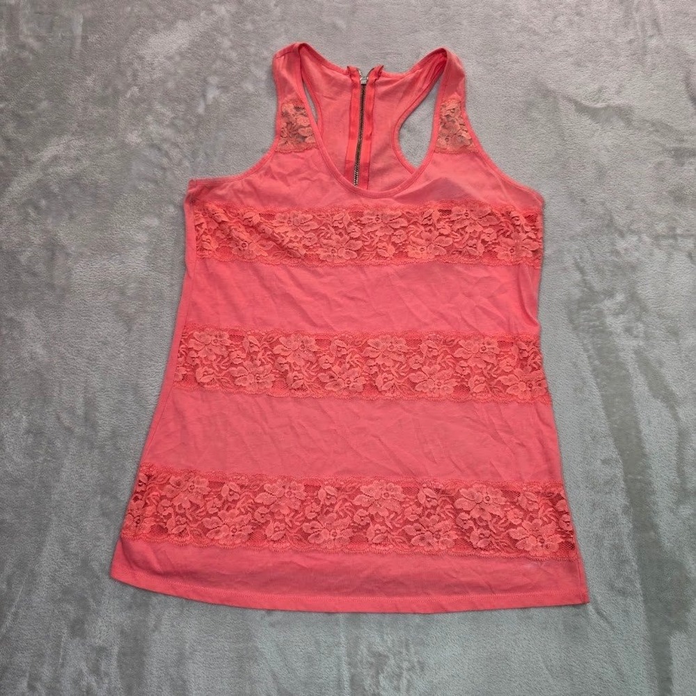 Vanity Womens XL Coral Pink Lace Trim Racerback Tank Top Back Zipper Detail